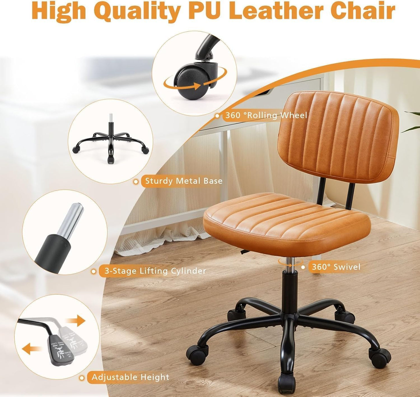 YSSOA Small Desk Chair with Wheels, Armless Office Chair No Arms, Comfy PU Leather Computer Task Chair Swivel Rolling Chairs for Small Space, Home, Adults, Students, Black