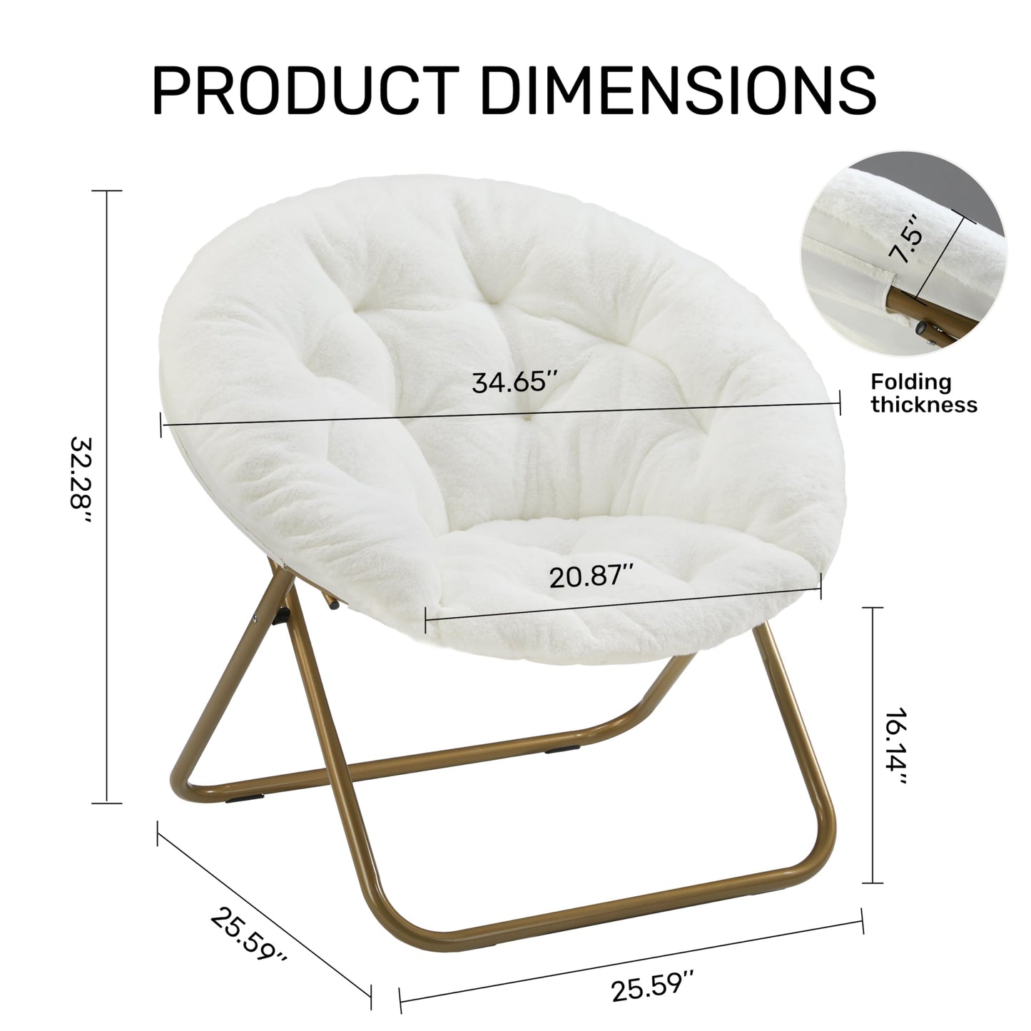 Saucer Chair Comfy Faux Fur, Folding Moon Chair with Metal Frame, Cozy Round Chair, Lounge Lazy Chair for Living Room Bedroom Adults Kids Teens