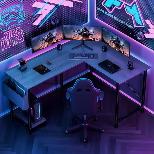 Miibox 50" L Shaped Gaming Desk with Reversible Corner - Home Office Computer Desk with Wood Top, Metal Frame, CPU Stand & Storage Bag for Small Space, Gaming Room