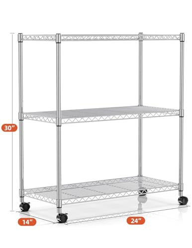 3-Tier Heavy Duty Foldable Metal Rack Storage Shelving Unit with Wheels Moving Easily Organizer Shelves Great for Garage Kitchen Holds up to 750 lbs Capacity, Black