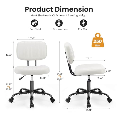 Small Office Chair, Armless Desk Chair with Wheels, Height Adjustable PU Leather Computer Task with Lumbar Support, 360° Swivel Rolling Chair No Arms for Small Space, Bedroom, Home, Office