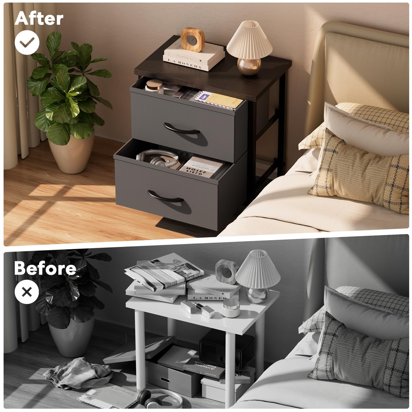 Simple Deluxe Nightstand 2 Drawers Dresser for Bedroom, Night Stand Set 2, 3-Tier Bedside Table with Fabric Bins, End Table for Living Room, Wood top Load-Bearing up to 44 lb