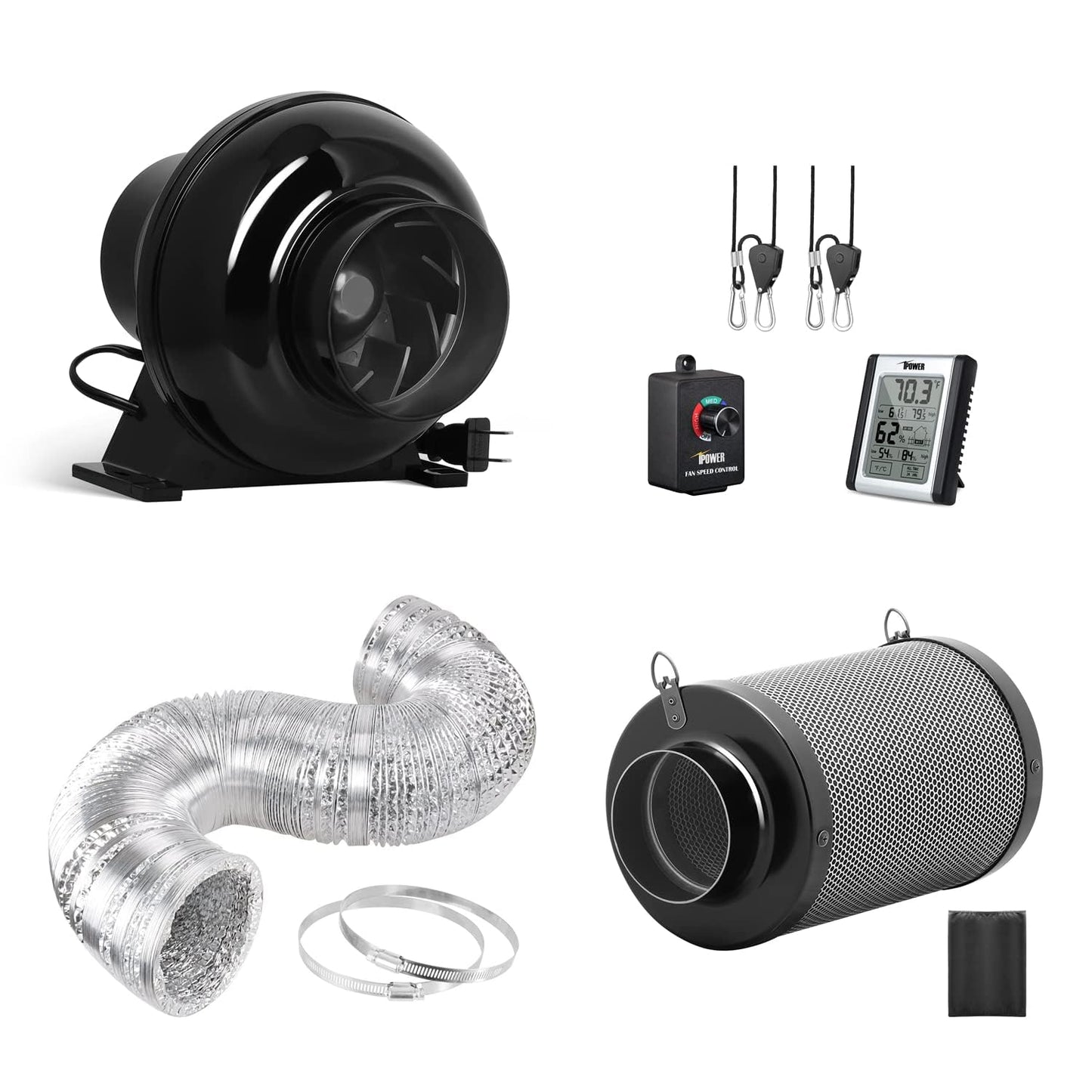 iPower 195 CFM Inline Fan, Upgrade Air Carbon Filter, 8 Feet Ducting Speed Controller Rope Hanger and Temperature Humidity Monitor Kits