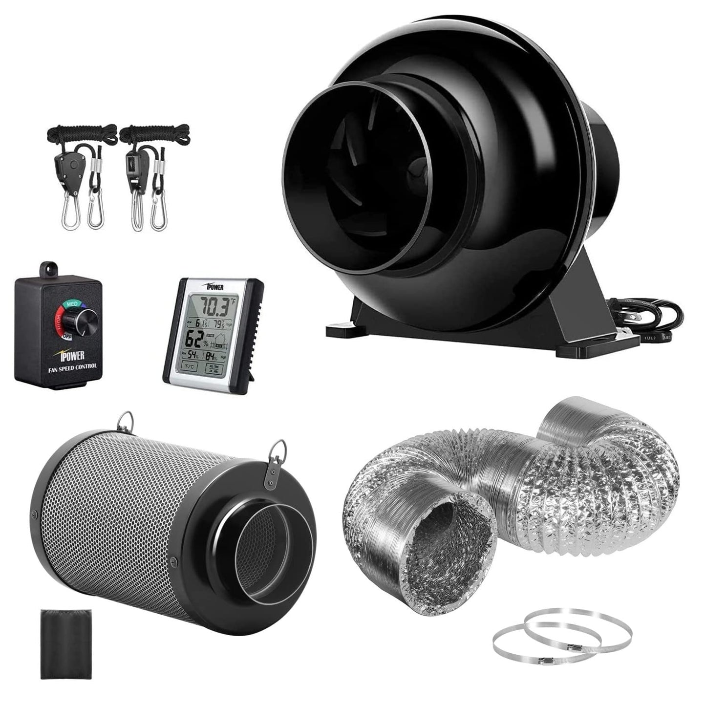 iPower 195 CFM Inline Fan, Upgrade Air Carbon Filter, 8 Feet Ducting Speed Controller Rope Hanger and Temperature Humidity Monitor Kits