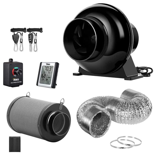 iPower 195 CFM Inline Fan, Upgrade Air Carbon Filter, 8 Feet Ducting Speed Controller Rope Hanger and Temperature Humidity Monitor Kits
