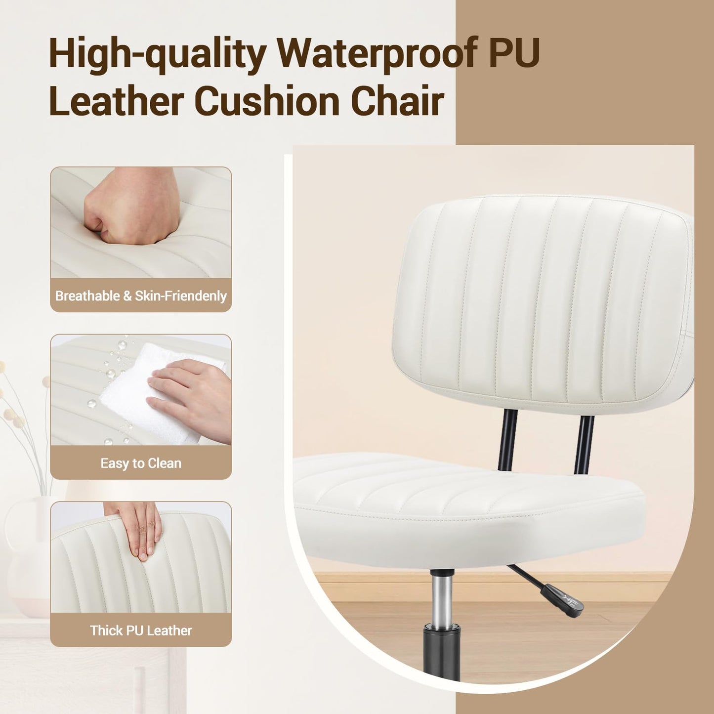 YSSOA Home Office Chair Desk Chair with Low Back and Wheels PU Leather Computer Chair Ergonomic Adjustable Height Comfy Chair Armless with Swivel Rolling Vanity Chairs for Bedroom Adult White