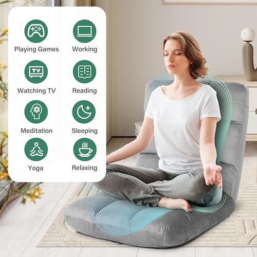 YSSOA Folding Floor Chair with Back Support Convertible Comfy Chair Recliner Memory Foam Padded Sleeper Sofa Chair for Bedroom Gaming Working Meditation Reading Adults Kids Grey