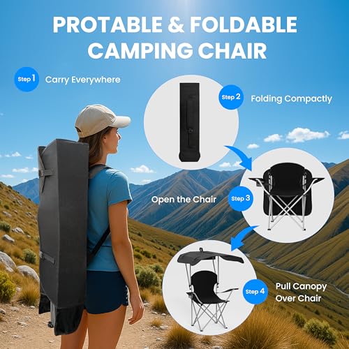 Portable Folding Camping Chair with Canopy Shade, Heavy Duty Lounge Chair Folding Beach Chairs for Adults, Suitable for Outside, Beach and Patio-Support 220 LBS