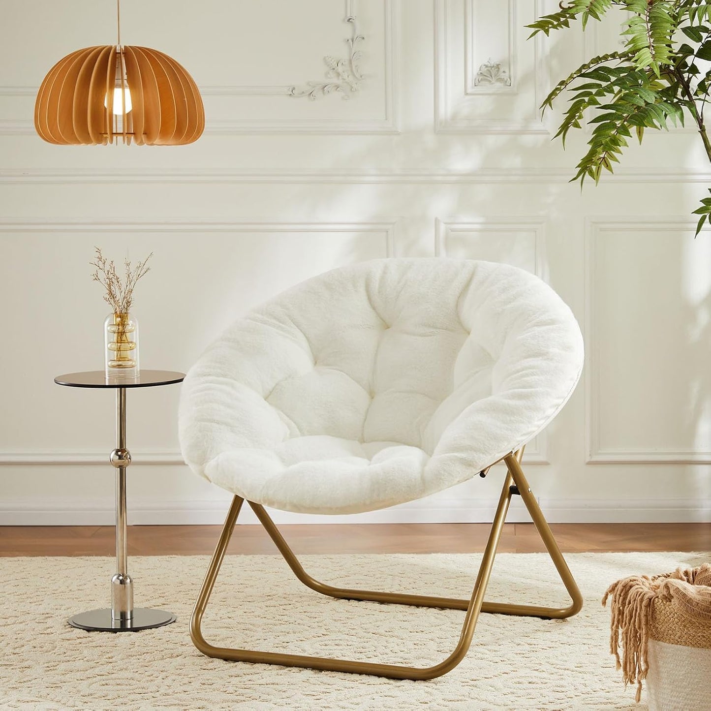 YSSOA Faux Fur Saucer Chair Comfy Lounge Chair for Bedroom Living Room, Folding Chair Upholstered Dorm Chair Papasan Chair Cozy Flexible Reading Chair for Adults Teens Kids