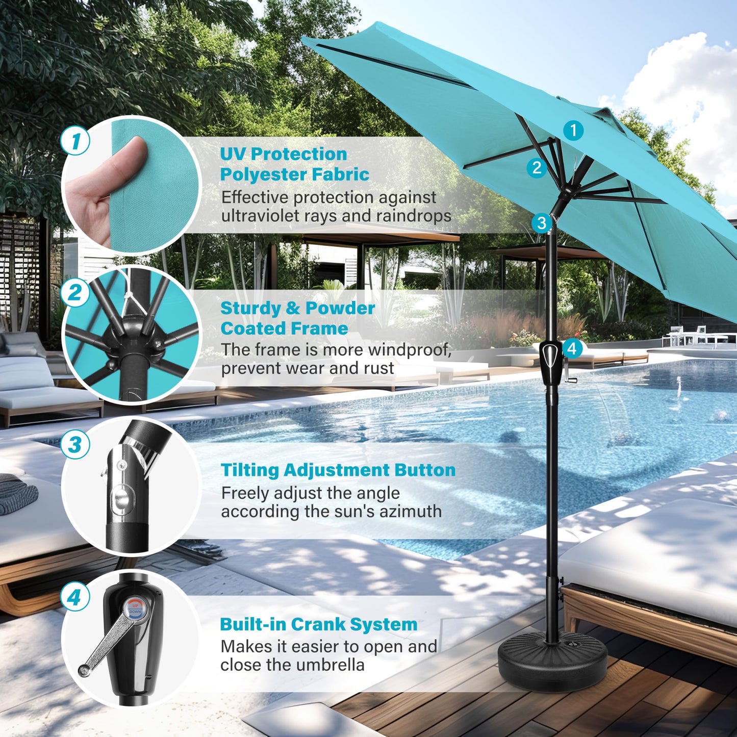 HealSmart 7.5ft Patio Umbrella with Push Button Tilt/Crank, Outdoor Table Market Yard Umbrella, 6 Sturdy Ribs for Garden, Deck, Backyard, Pool