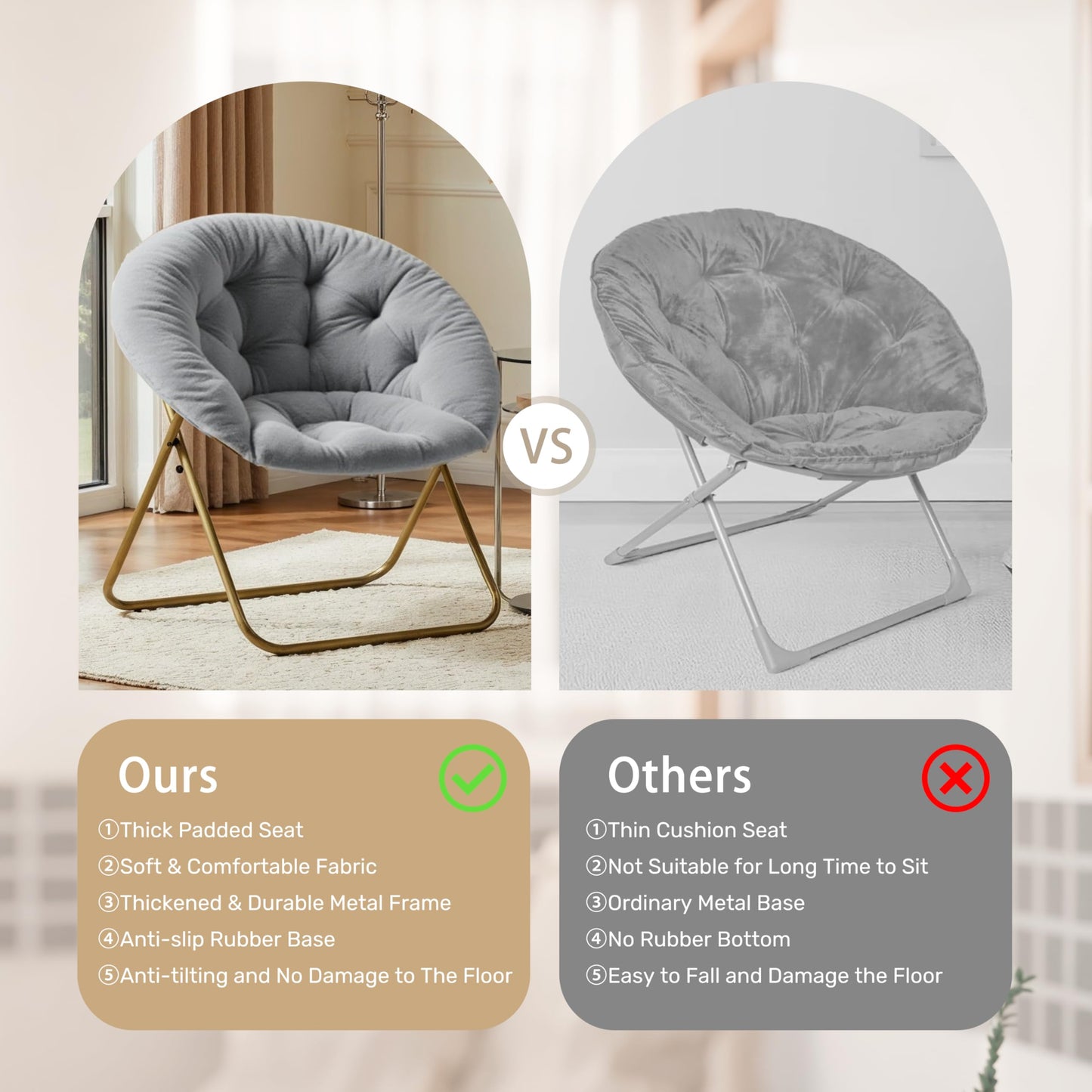 Saucer Chair Comfy Faux Fur, Folding Moon Chair with Metal Frame, Cozy Round Chair, Lounge Lazy Chair for Living Room Bedroom Adults Kids Teens